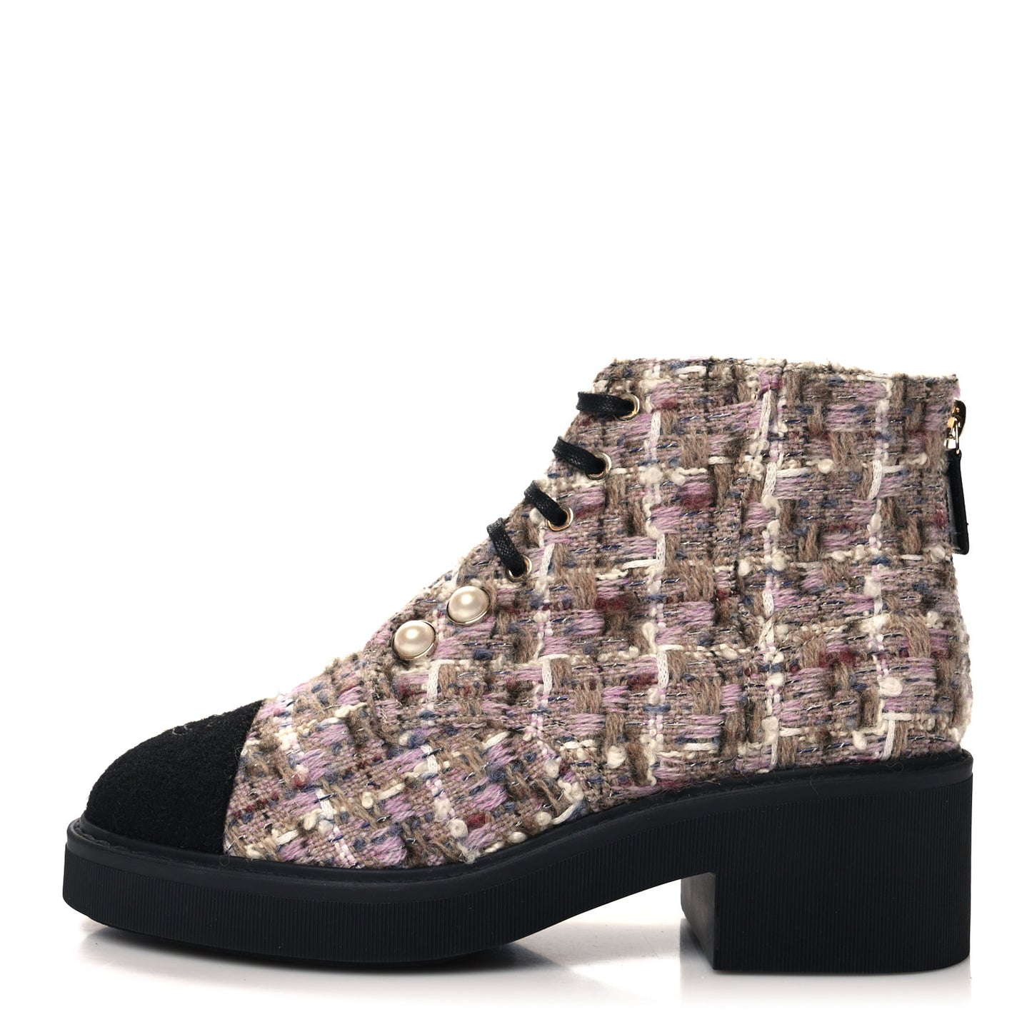 Tweed Calfskin Pearl Combat Short Boots 39 Beige Pink Black