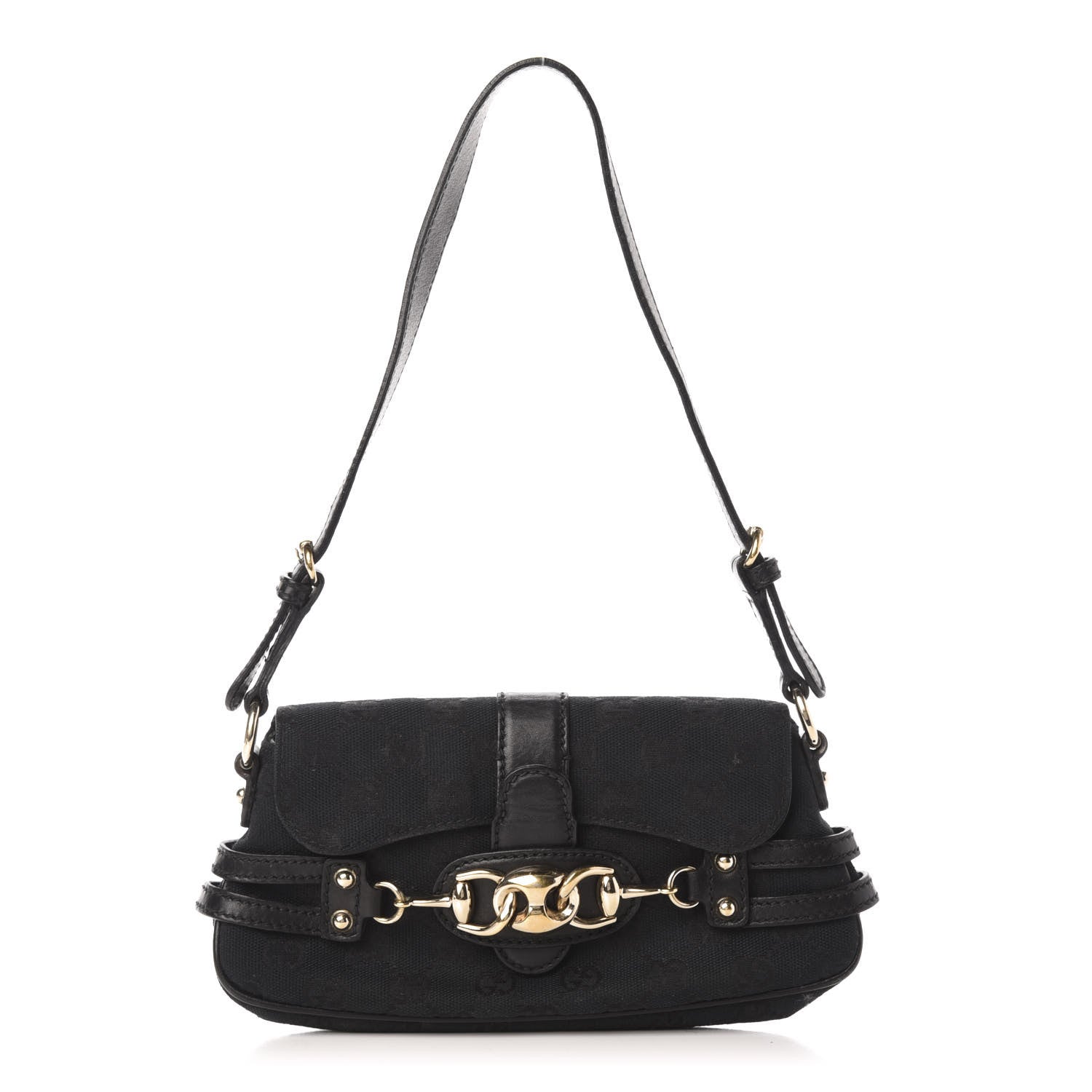 Gucci Monogram Horsebit Chain Flap Shoulder Bag Black 1 of 10