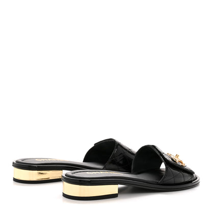 Chanel Patent Goatskin Quilted CC Mules Sandals 36 Black 5 of 11