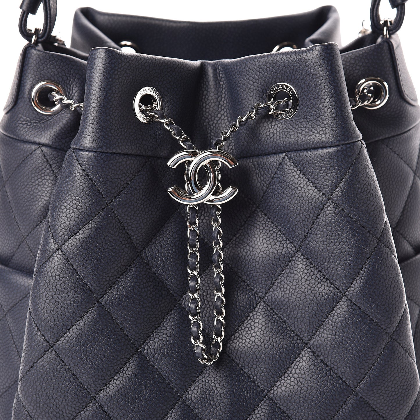 Grained Calfskin Quilted Medium CC Chain Bucket Drawstring Bag Blue