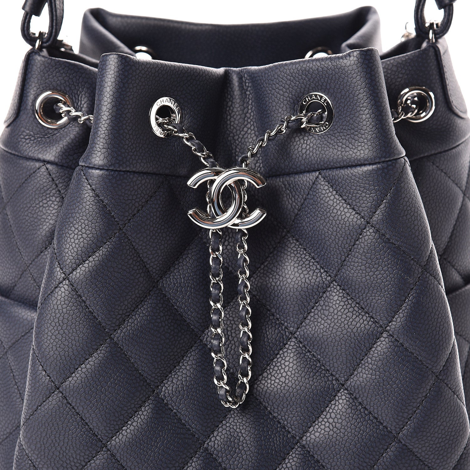 Chanel Grained Calfskin Quilted Medium CC Chain Bucket Drawstring Bag Blue 10 of 10