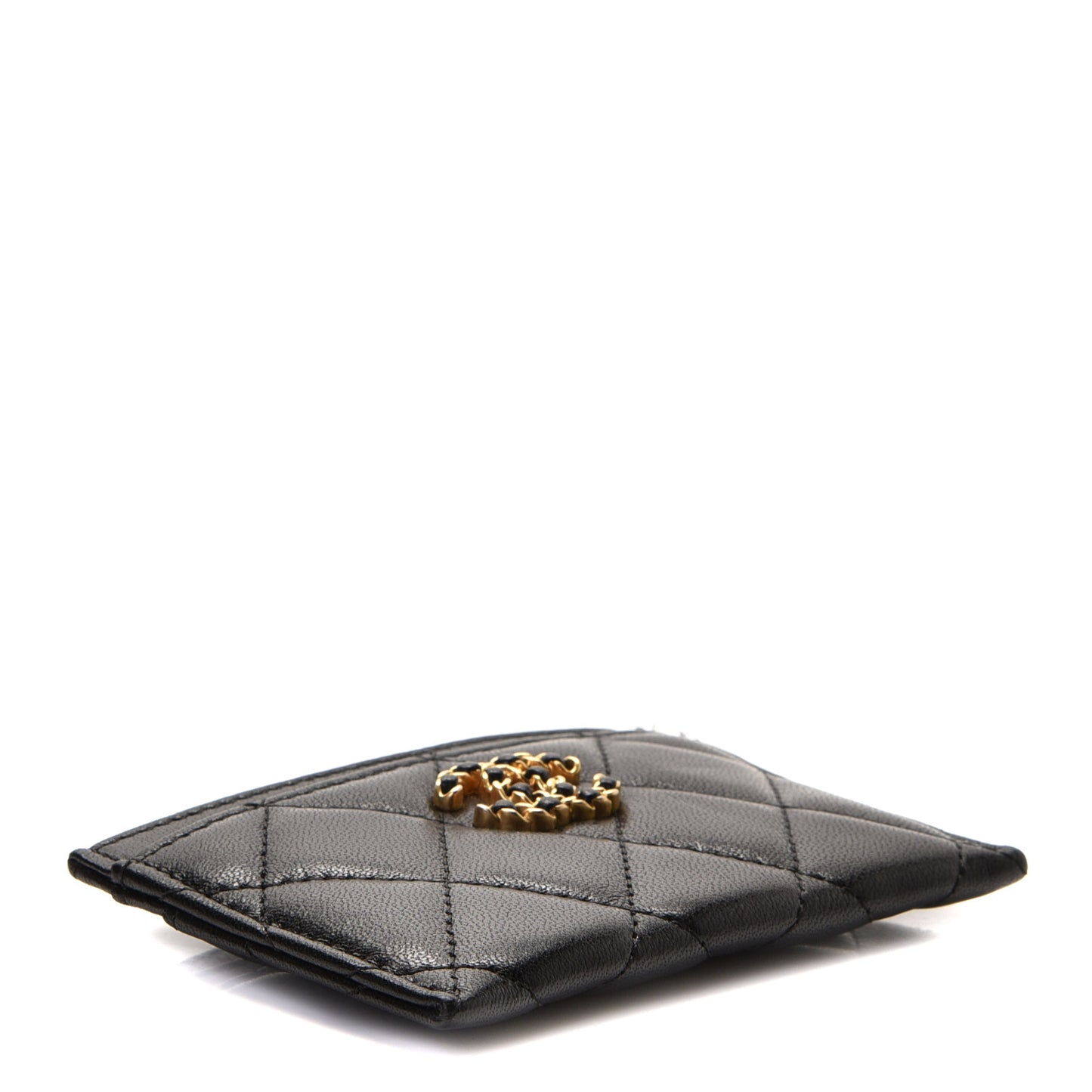 Shiny Goatskin Quilted Chanel 19 Card Holder Black