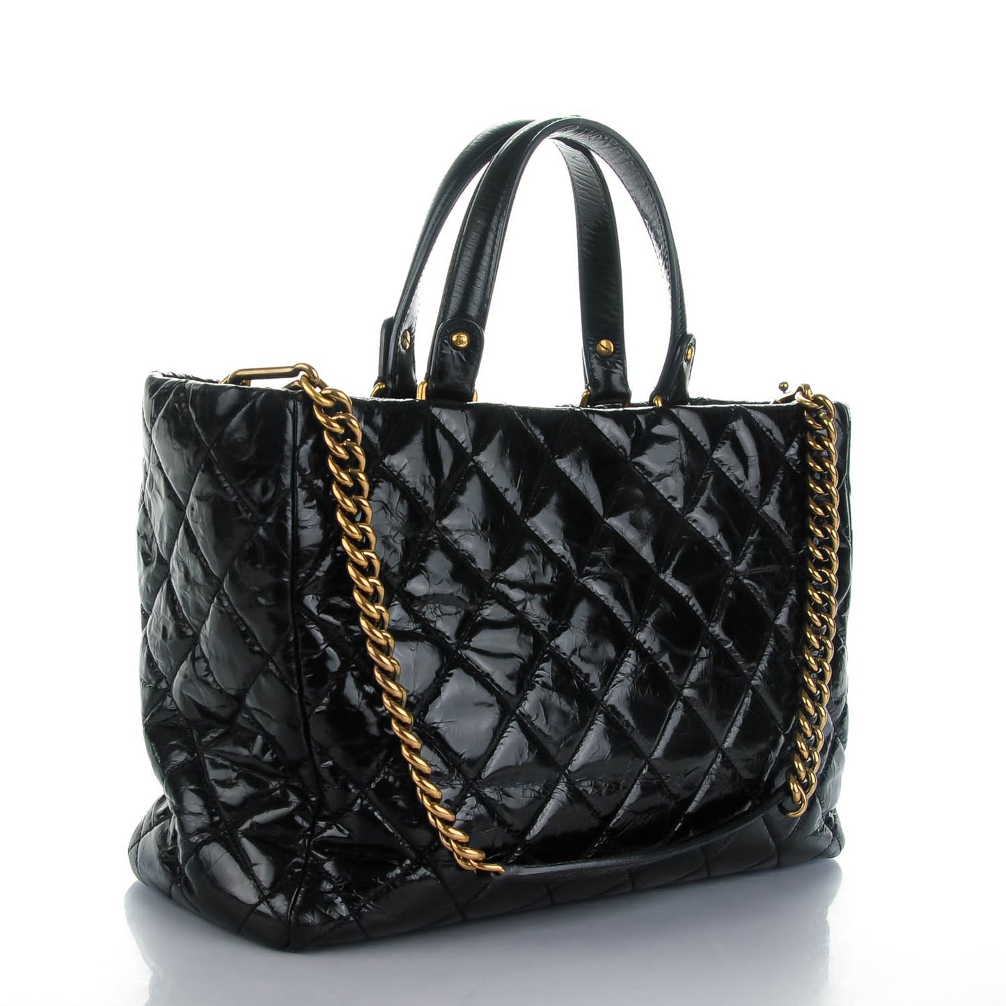 Glazed Calfskin Quilted Mademoiselle Tote Black