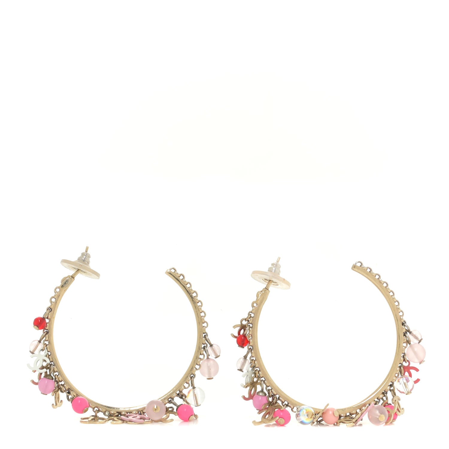 Chanel Crystal Bead CC Charm Hoop Earrings Pink Gold 1 of 7