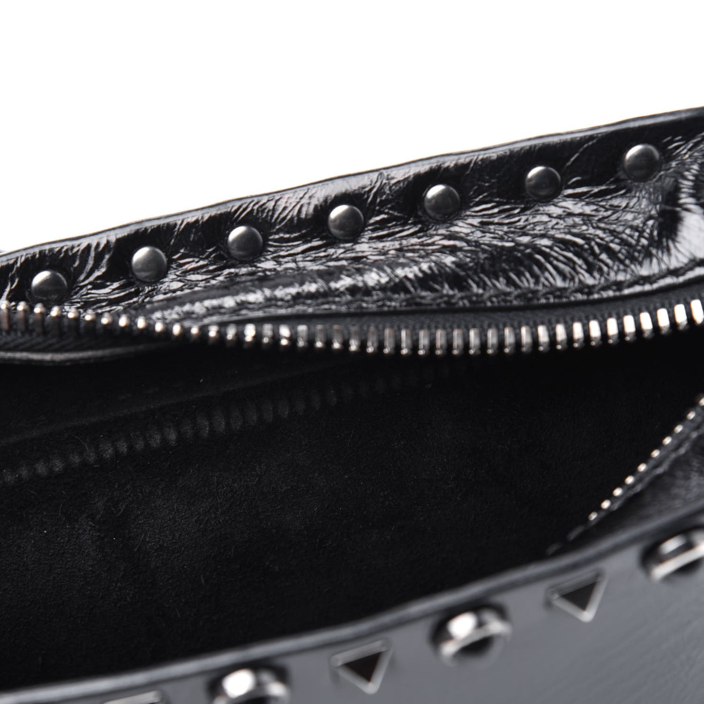 Craquele Calfskin Small Guitar Strap Rockstud Rolling Flap Pocket Shoulder Bag Black
