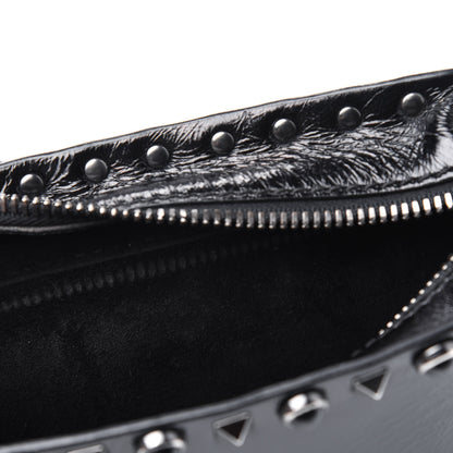 Valentino Garavani Craquele Calfskin Small Guitar Strap Rockstud Rolling Flap Pocket Shoulder Bag Black 7 of 14