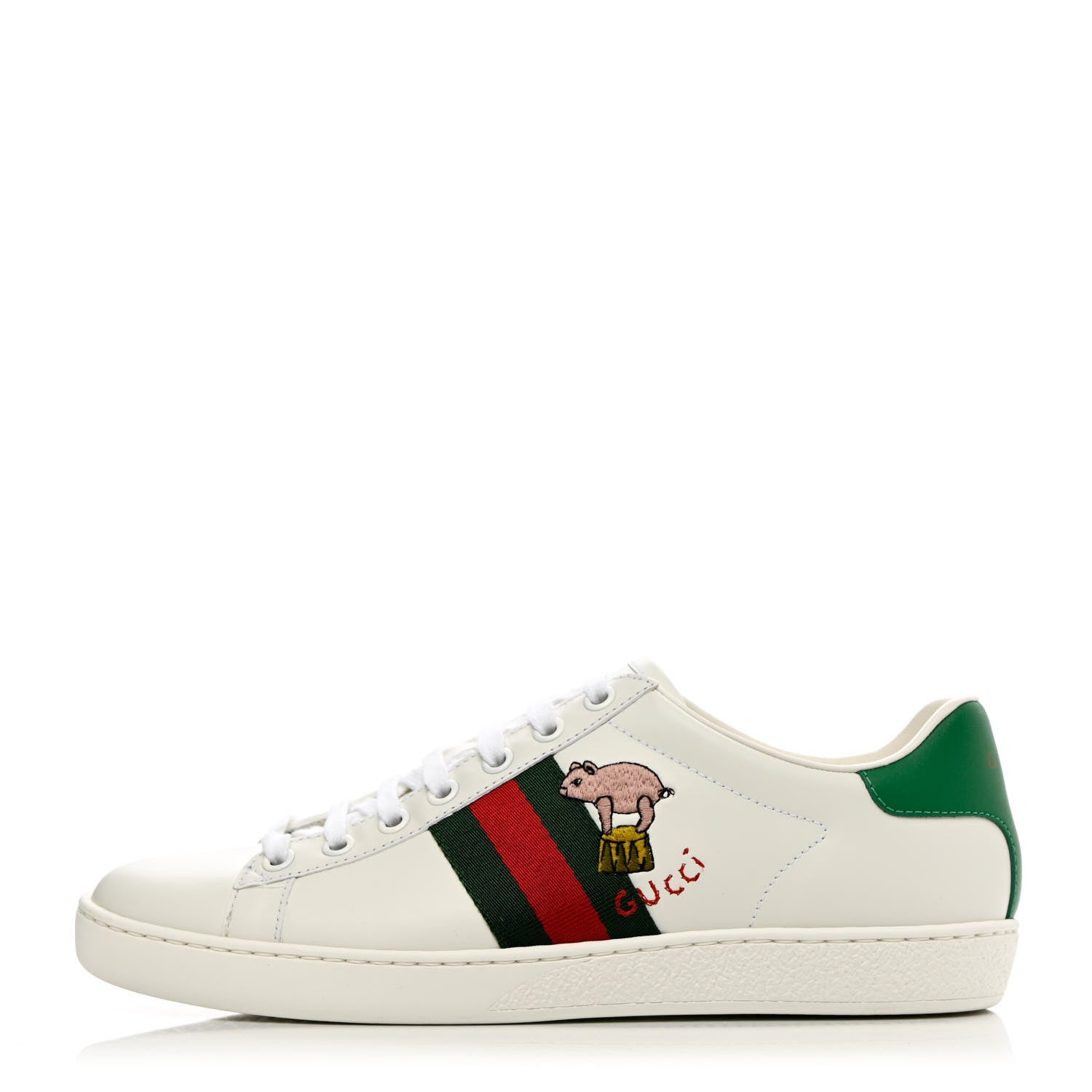 product image of GUCCI Calfskin Web Pig Kitten Embroidered Womens Ace Sneakers 37.5 White FASHIONPHILE