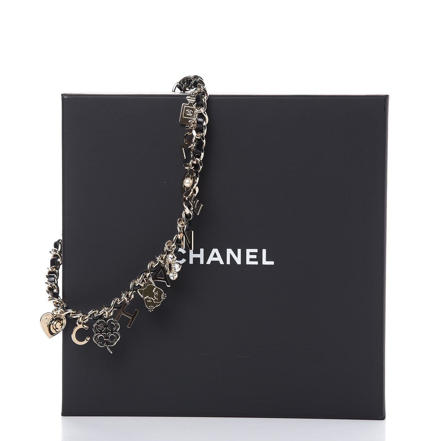 Glazed Calfskin Crystal Pearl Charm Short Necklace Black Gold