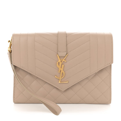 Saint Laurent Grain De Poudre Textured Mixed Matelasse Triquilt Monogram Clutch Dark Beige 1 of 8