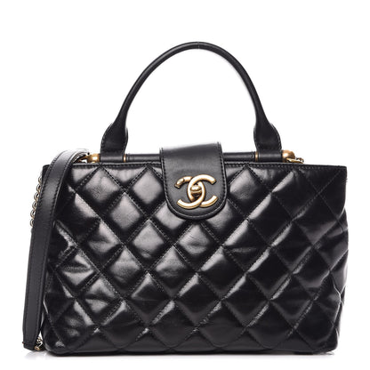 Chanel Calfskin Quilted Small Gold Bar Top Handle Tote Black 1 of 8