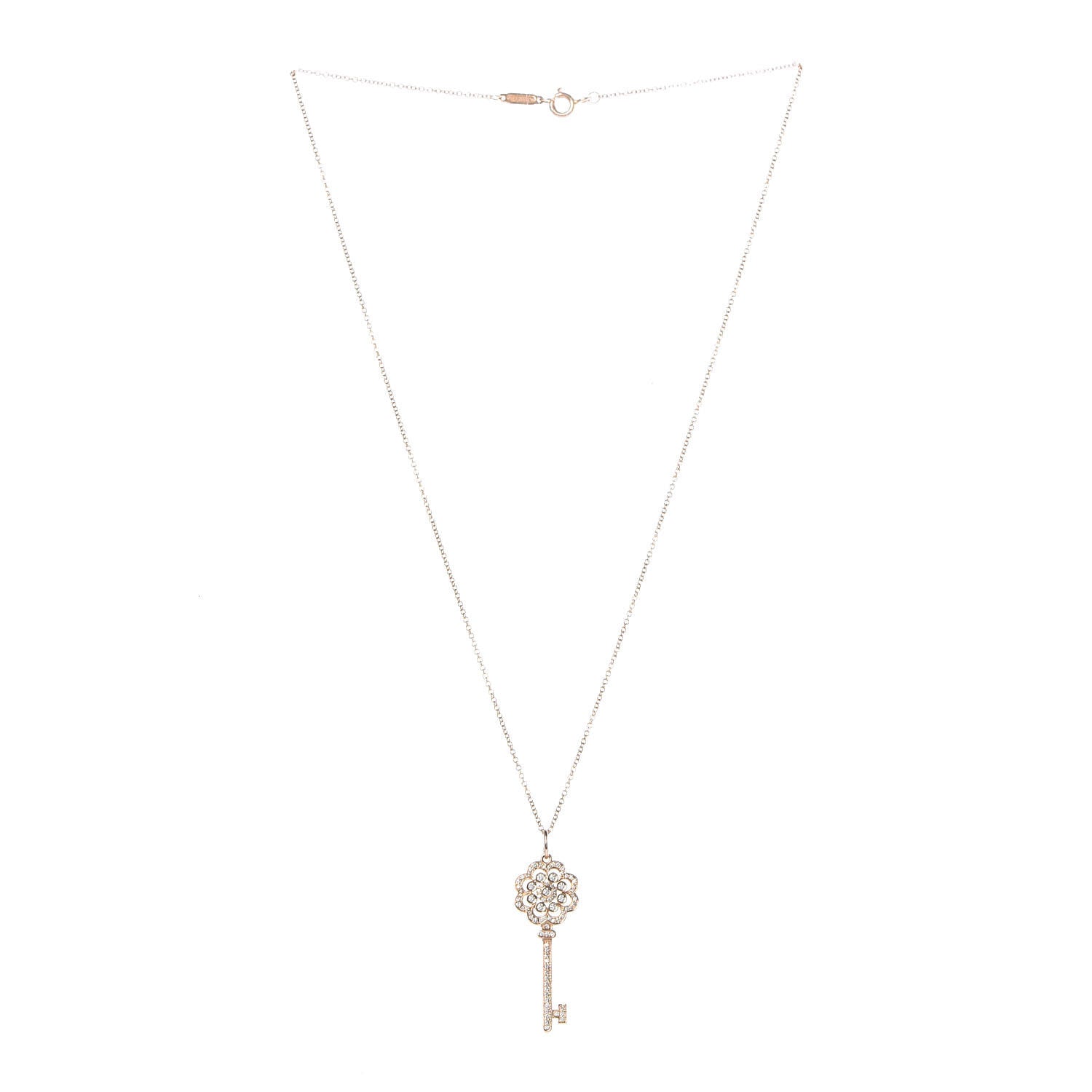 Tiffany 18K Yellow Gold Diamond Rose Key Pendant Necklace 3 of 8