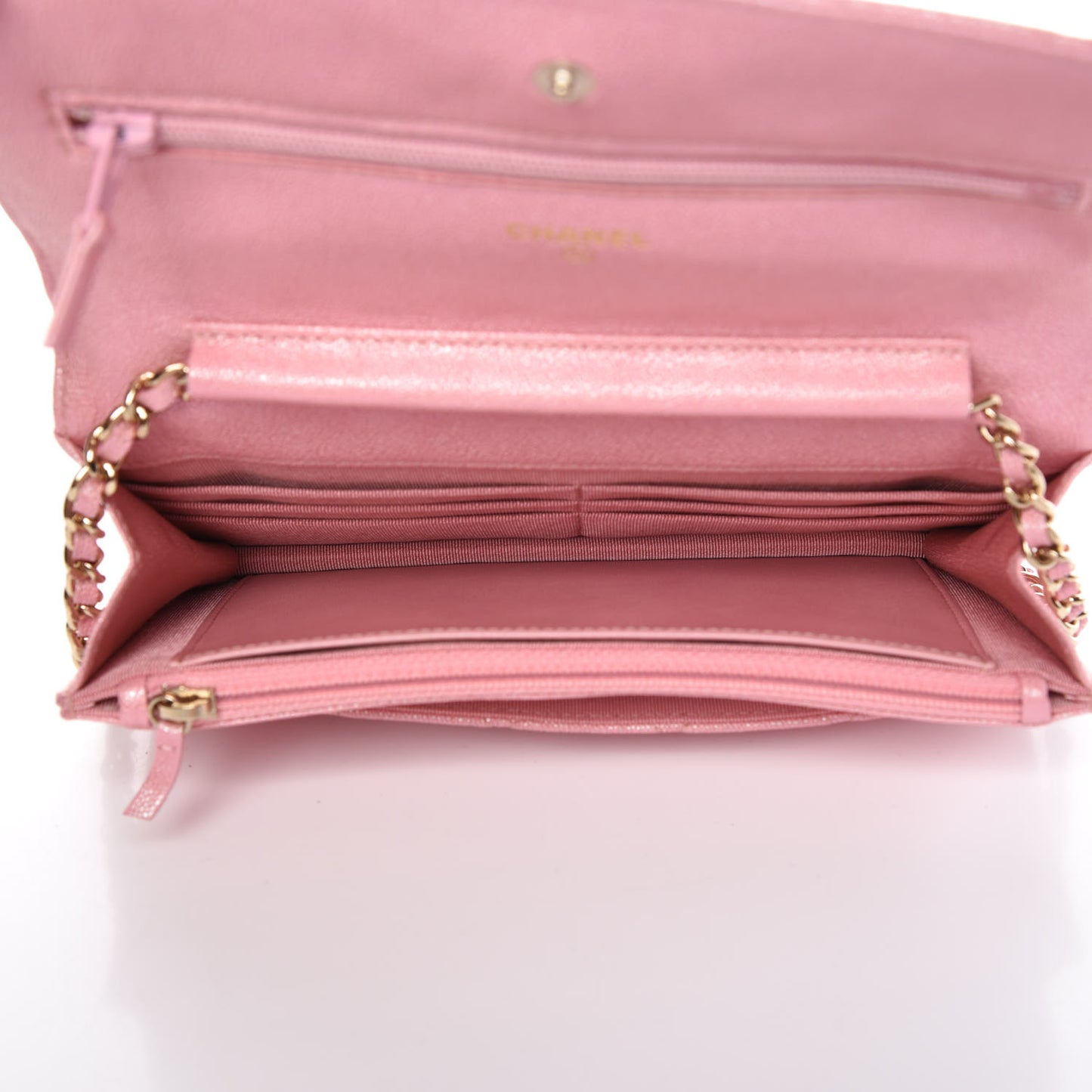 Iridescent Caviar Quilted Wallet on Chain WOC Rose Pink