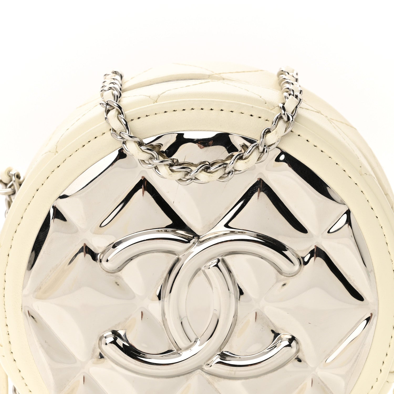 Chanel Lambskin Metal Quilted Round Clutch With Chain White Silver 8 of 10