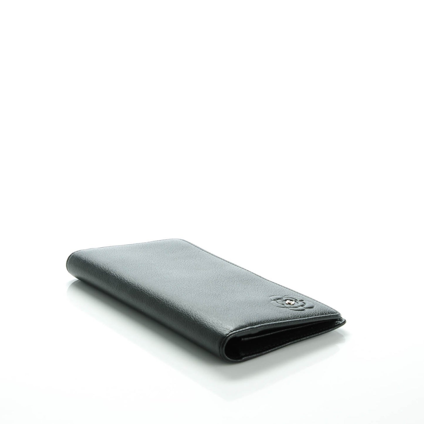 Goatskin Camellia Embossed Yen Wallet Black