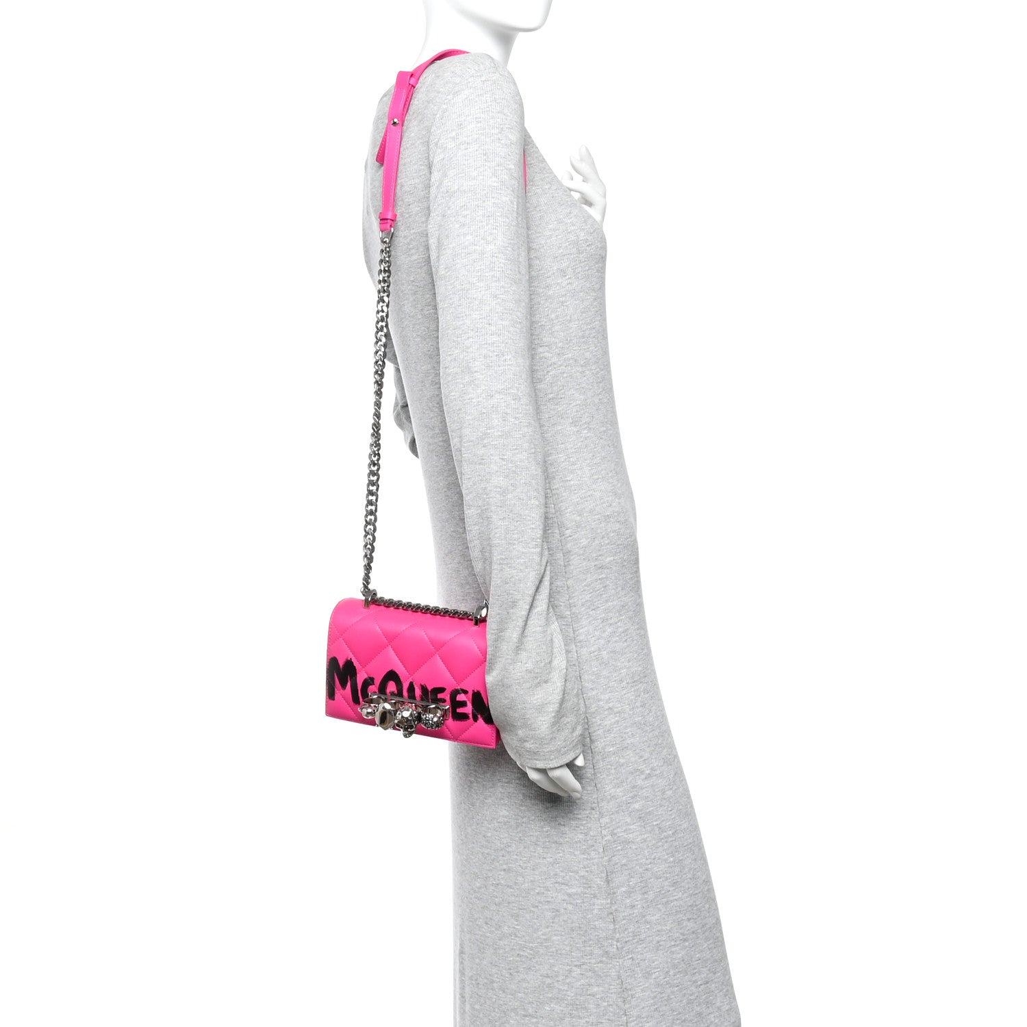 Alexander McQueen Nappa Quilted Graffiti Skull Knuckle Crossbody Bobby Pink Black 2 of 11