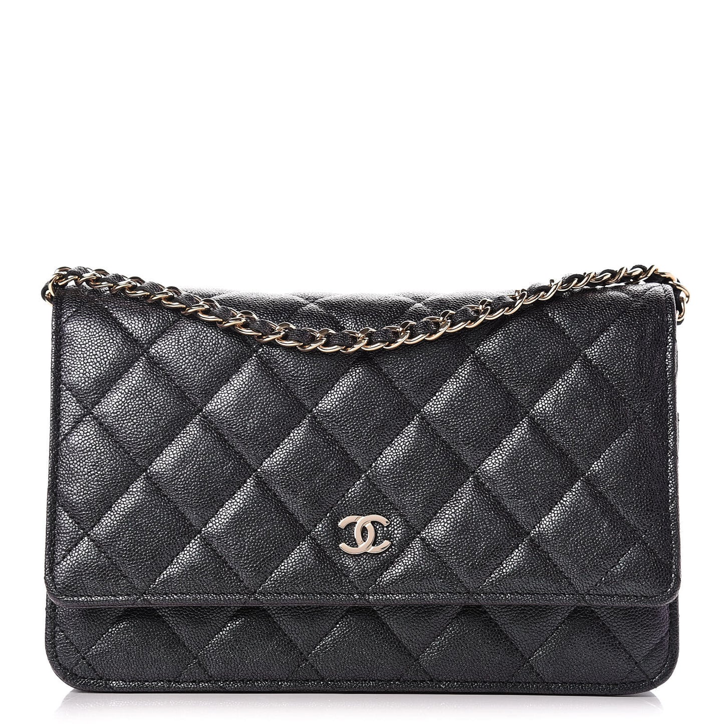 Iridescent Caviar Quilted Wallet On Chain WOC Black