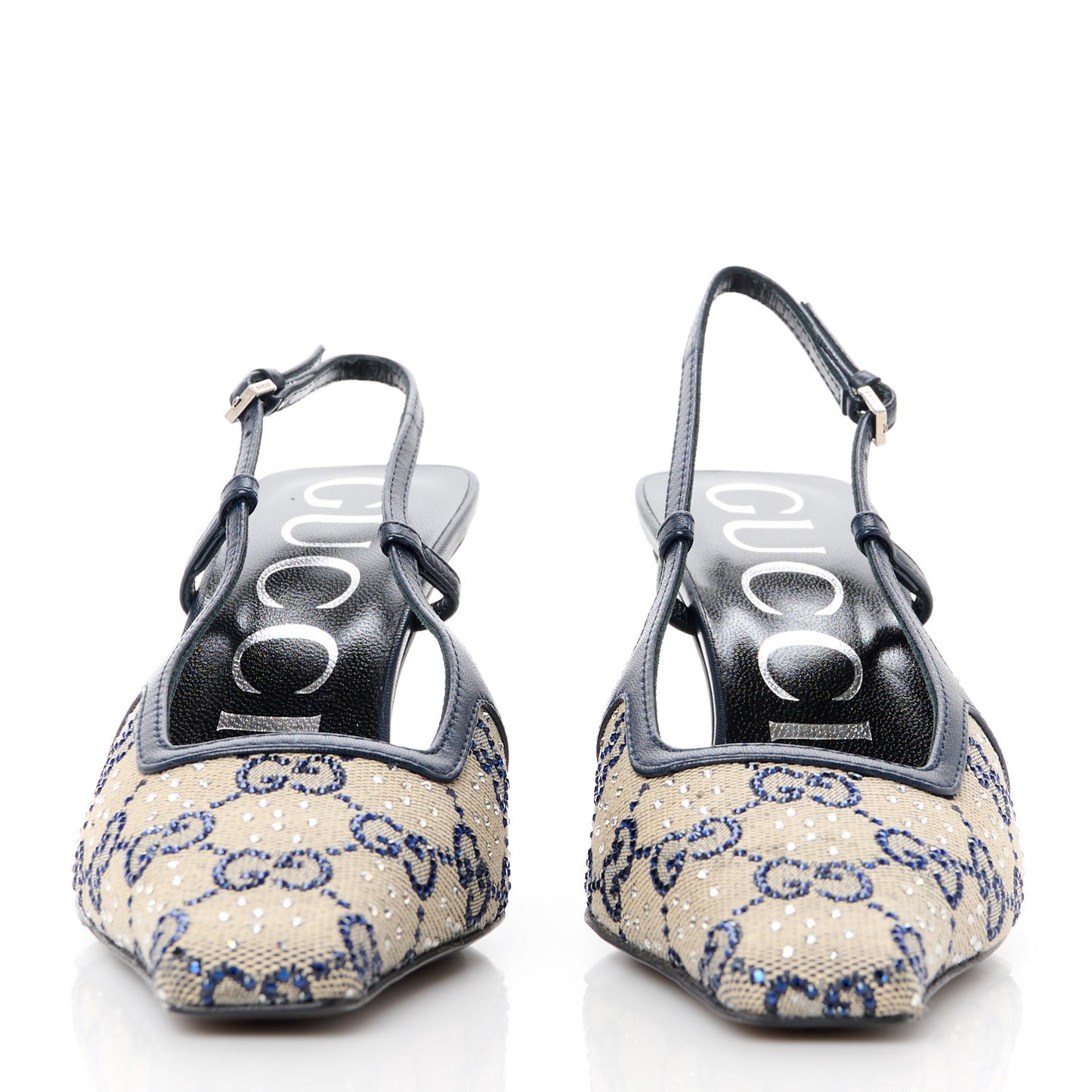 GG Monogram Malaga Kid Crystal Square G 75mm Slingback Pumps 35.5 Beige Blue