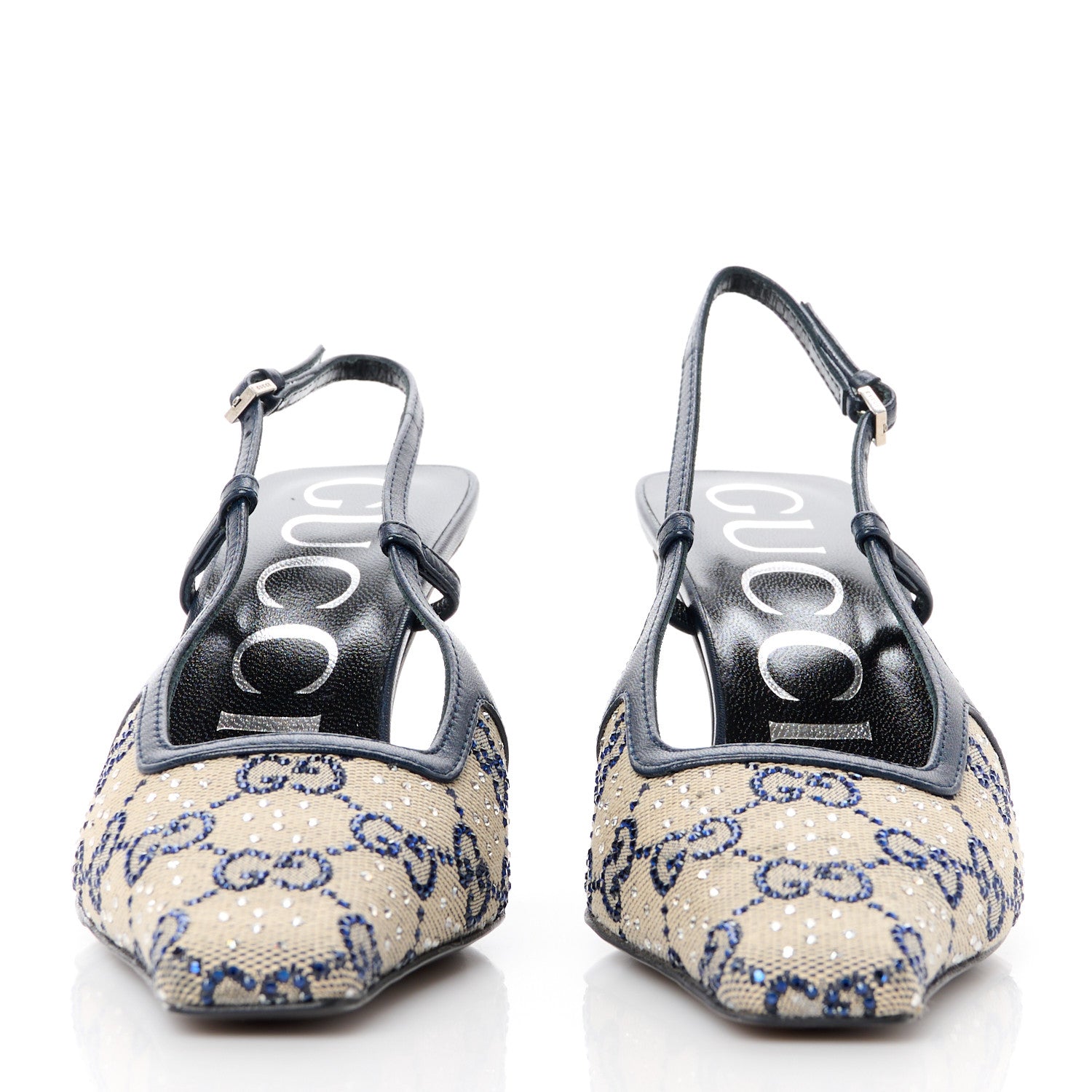 Gucci GG Monogram Malaga Kid Crystal Square G 75mm Slingback Pumps 35.5 Beige Blue 2 of 9