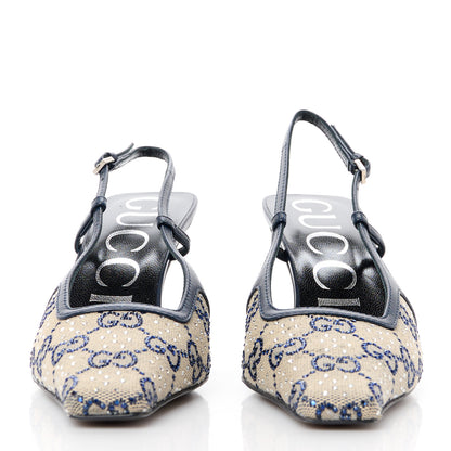 Gucci GG Monogram Malaga Kid Crystal Square G 75mm Slingback Pumps 35.5 Beige Blue 2 of 9