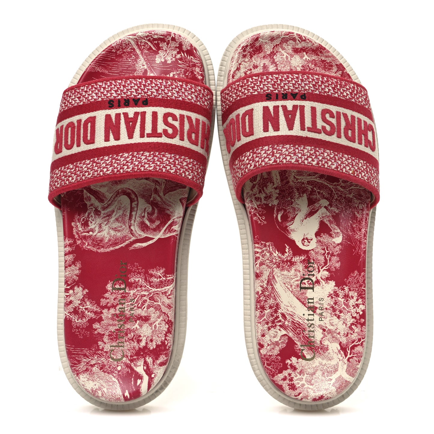 Canvas Toile de Jouy Embroidered Dway 10mm Slide Sandals 36.5 Off White Raspberry