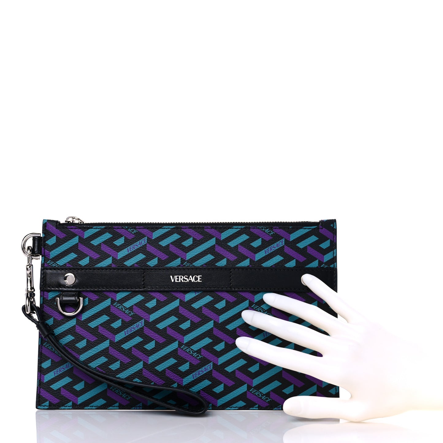 Coated Canvas Calfskin Mens La Greca Zip Pouch Black Blue Purple