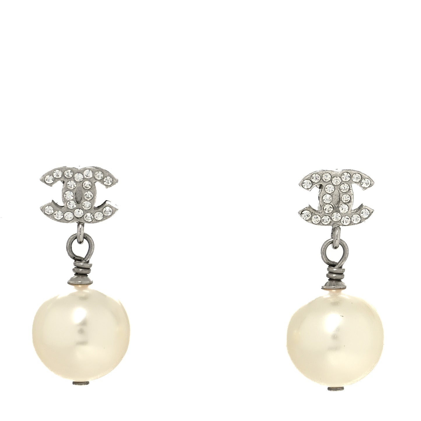 Crystal Pearl CC Drop Earrings Silver Pearly White
