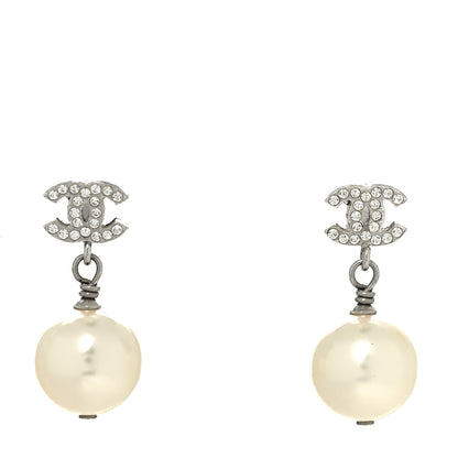 Chanel Crystal Pearl CC Drop Earrings Silver Pearly White 1 of 4