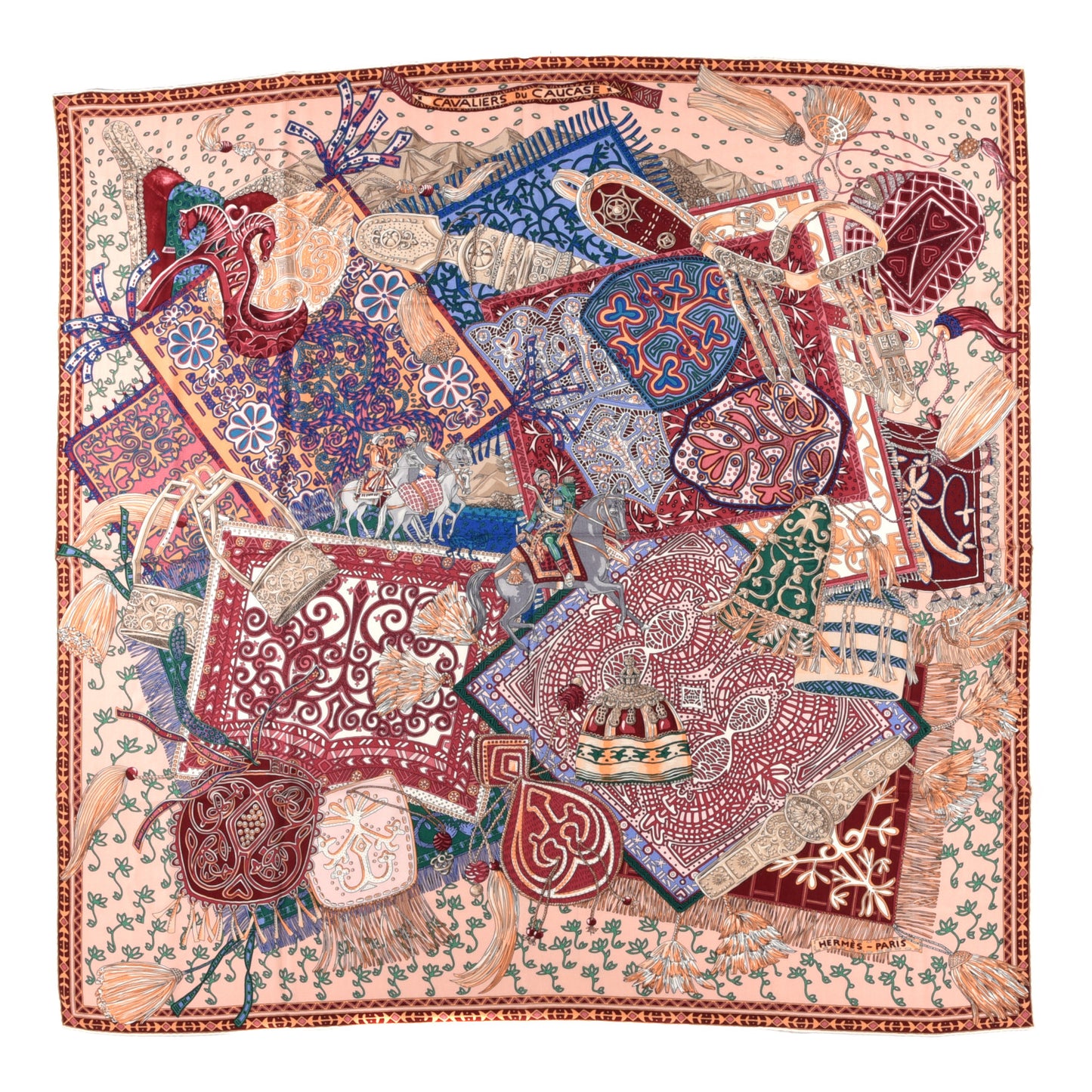 Cashmere Silk Cavaliers du Caucase Shawl 140 Rose Pale Bleu Framboise