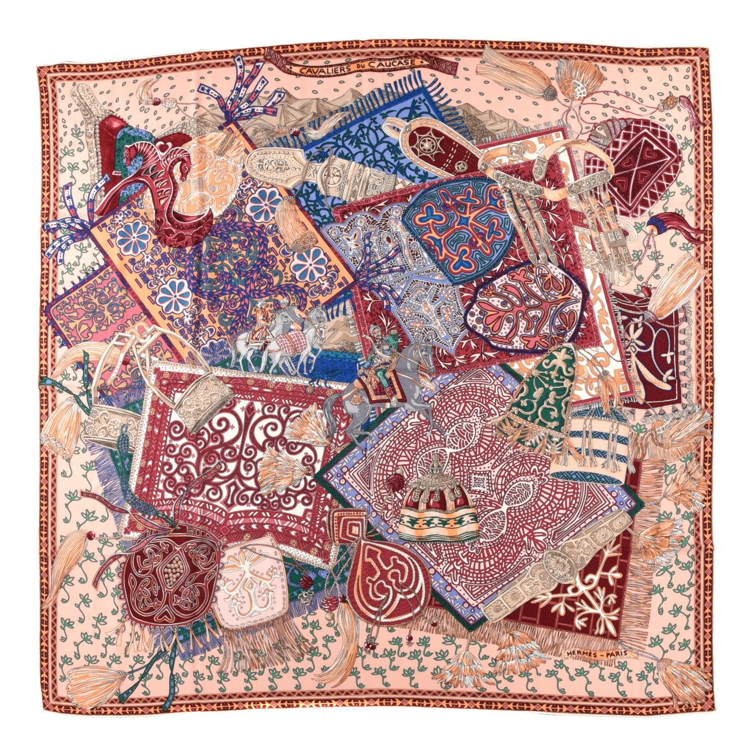 Hermes Cashmere Silk Cavaliers du Caucase Shawl 140 Rose Pale Bleu Framboise 1 of 3