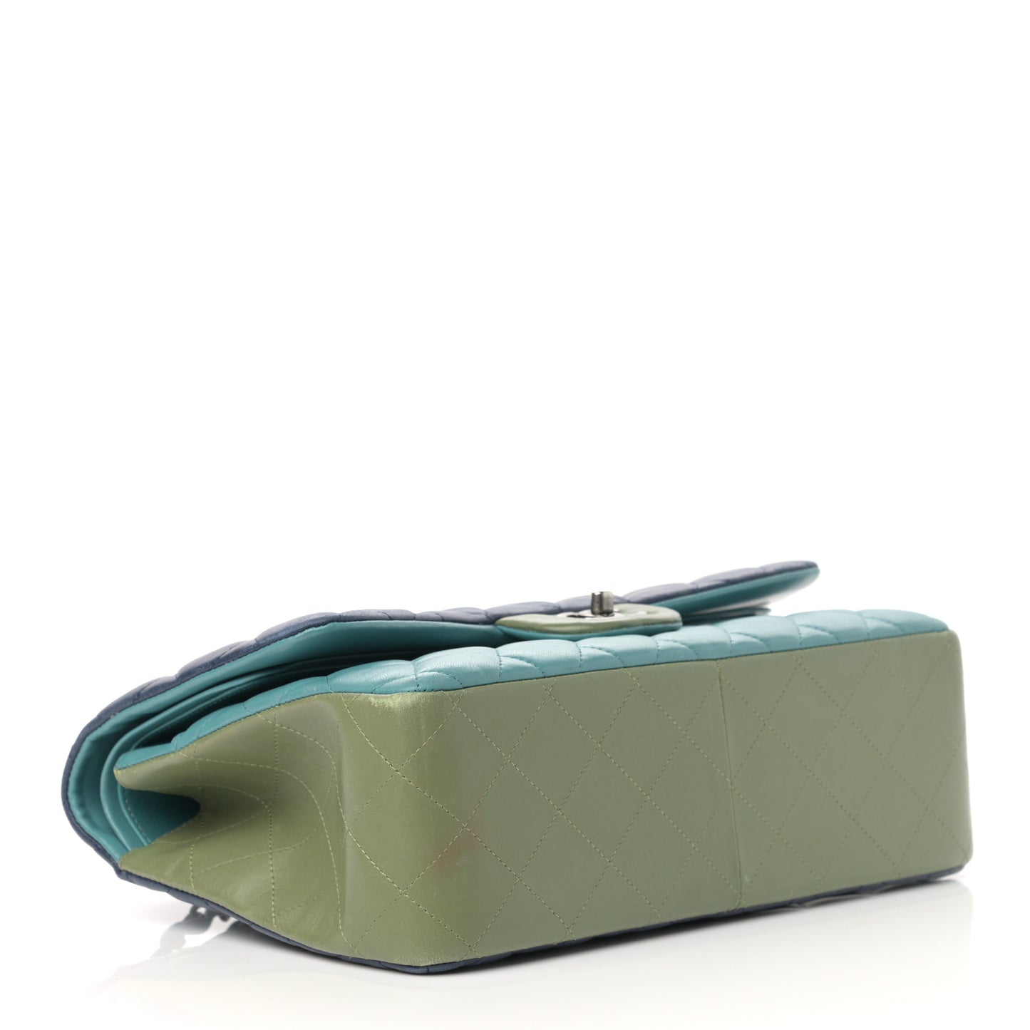 Lambskin Quilted Tri-Color Jumbo Double Flap Navy Blue Green