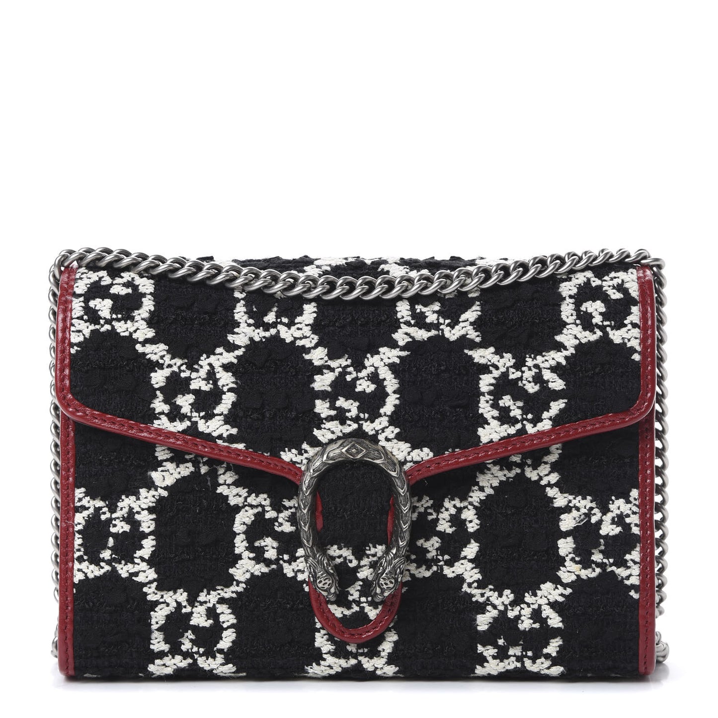 Tweed GG Monogram Mini Dionysus Chain Wallet Black White Romantic Cherry