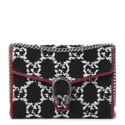 Gucci Tweed GG Monogram Mini Dionysus Chain Wallet Black White Romantic Cherry 1 of 9