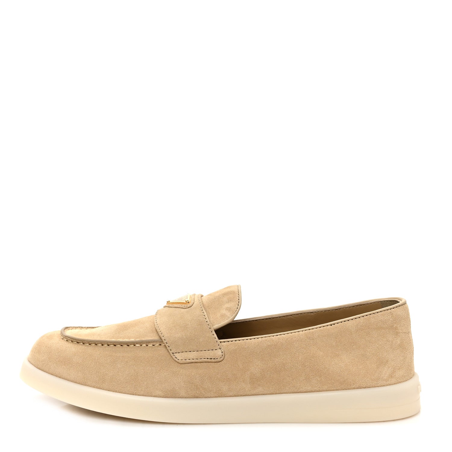 Prada Vitello Scamosciato Metal Triangle Logo Saint Tropez 25mm Loafers 40 Ecru 1 of 9