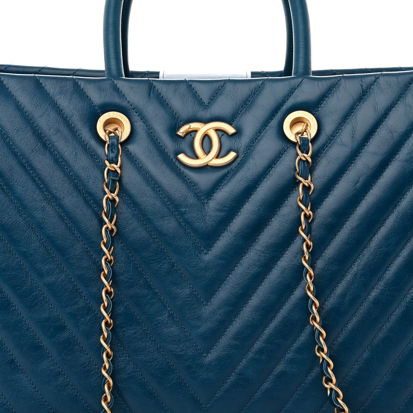Aged Calfskin Chevron Large Coco Handle Shopping Tote Blue