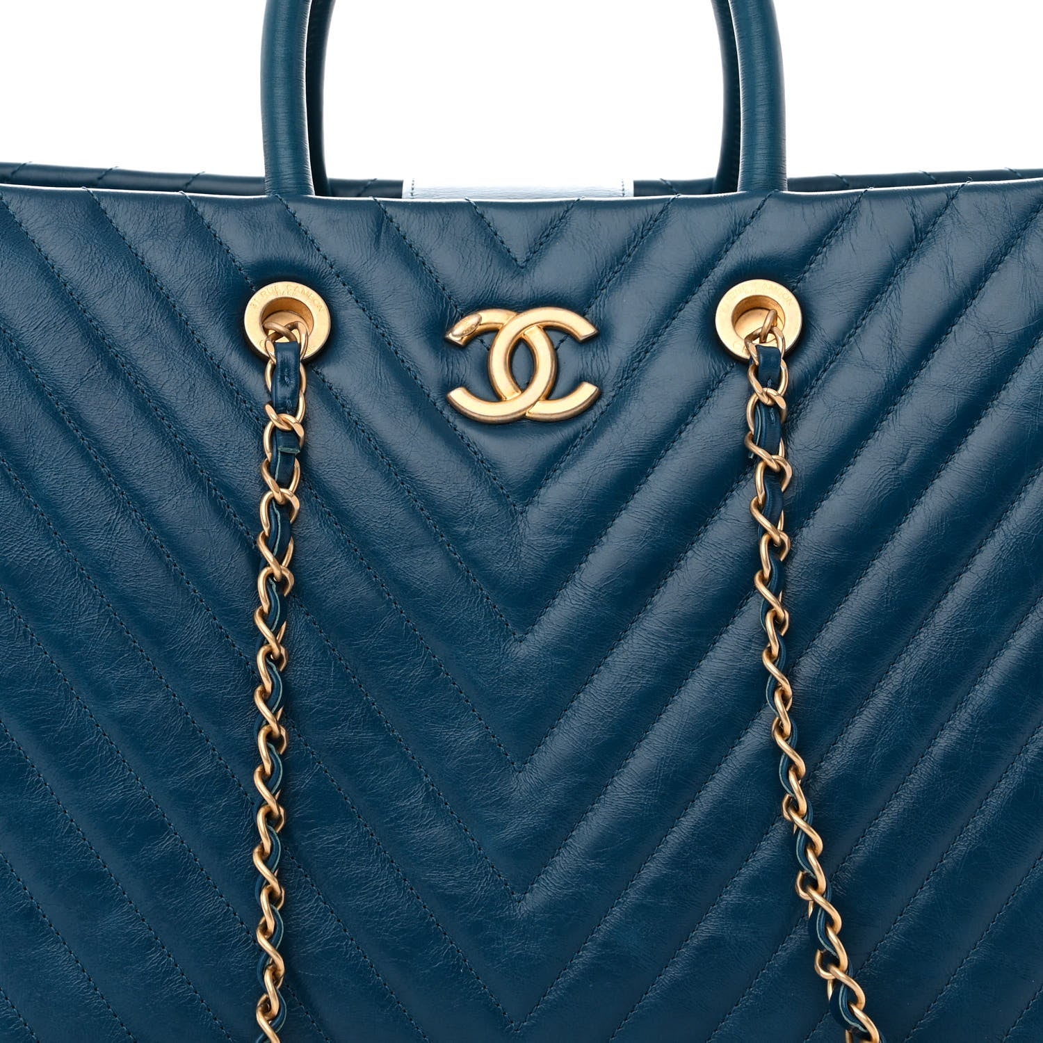 Chanel Aged Calfskin Chevron Large Coco Handle Shopping Tote Blue 10 of 16