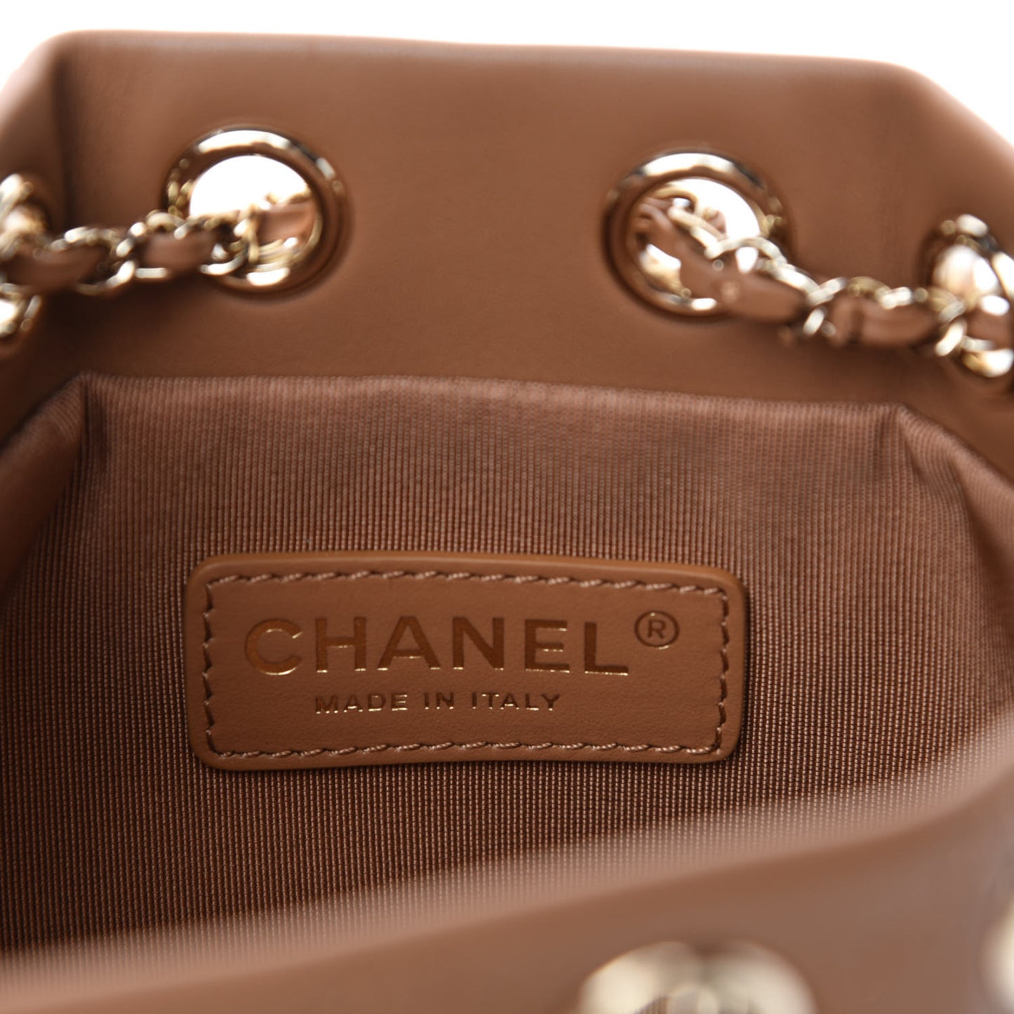 Calfskin Stitched Chain Bucket Bag Beige