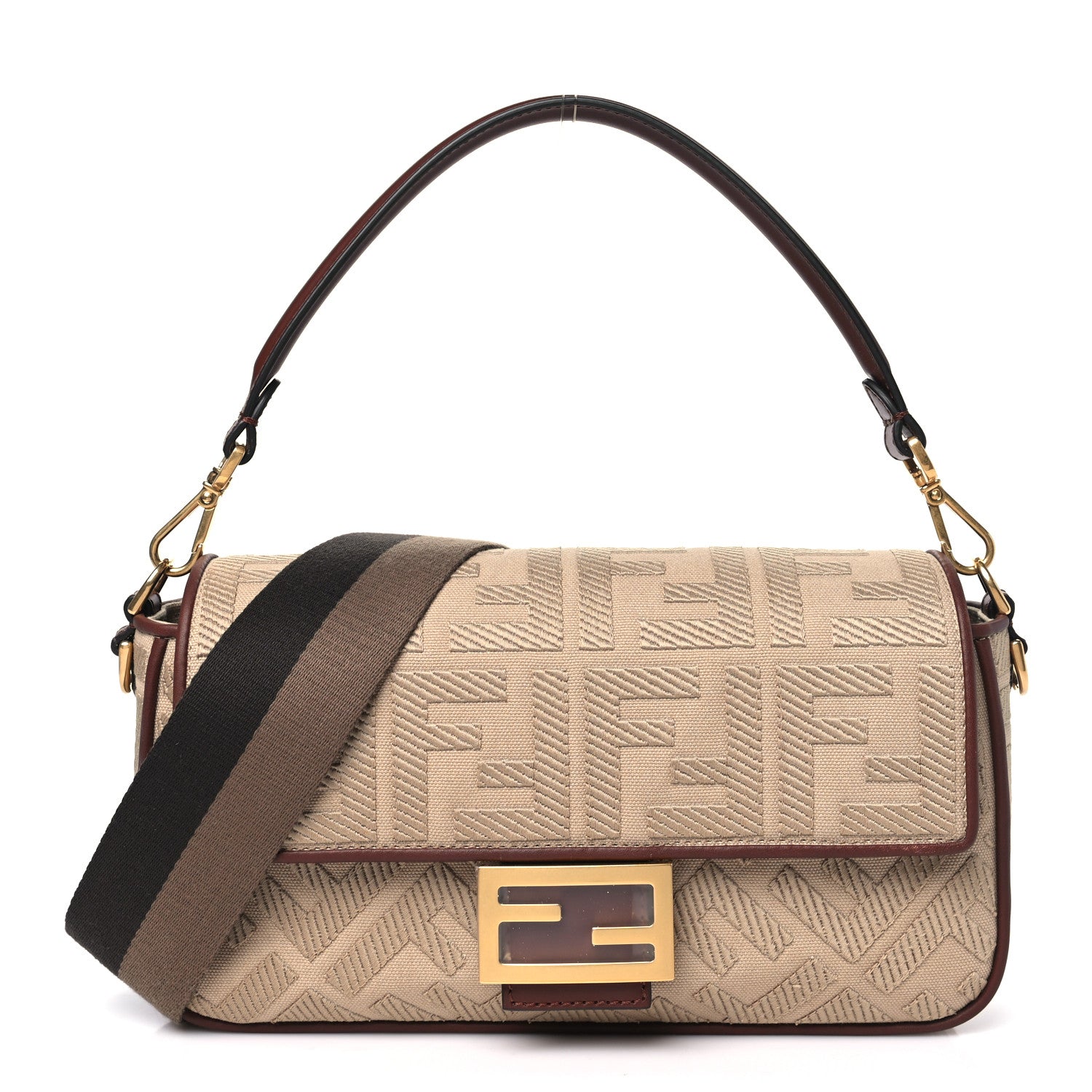 Fendi Sardinian Jacquard Vitello King FF 1974 Embroidered Baguette Sand Ghianda 1 of 10