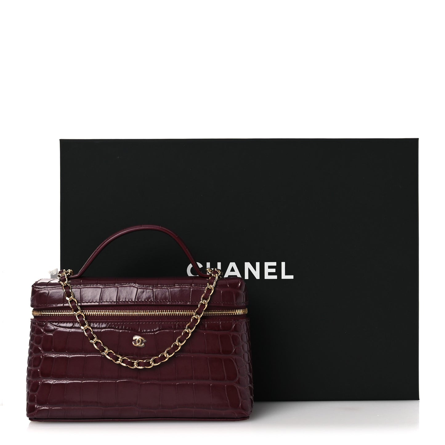 Calfskin Crocodile Embossed Crococo Top Handle Slim Vanity Case With Chain Dark Burgundy