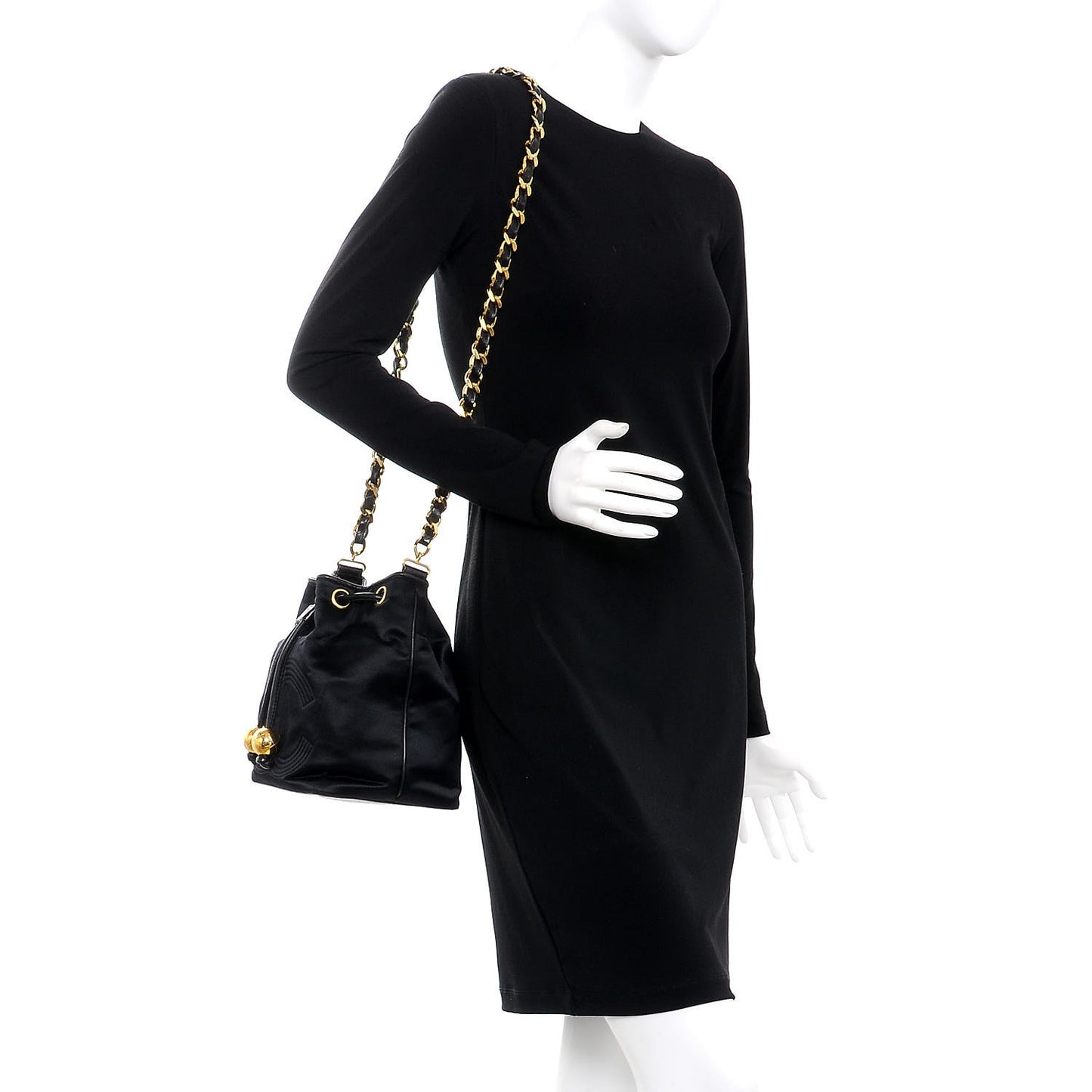 Satin CC Drawstring Bucket Bag Black