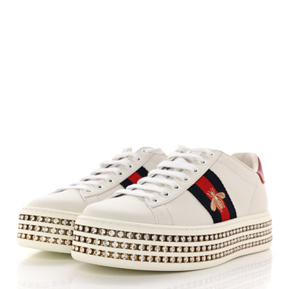 Gucci Calfskin Crystal Web Bee Embroidered Womens Ace Platform Sneakers 35.5 White 3 of 11