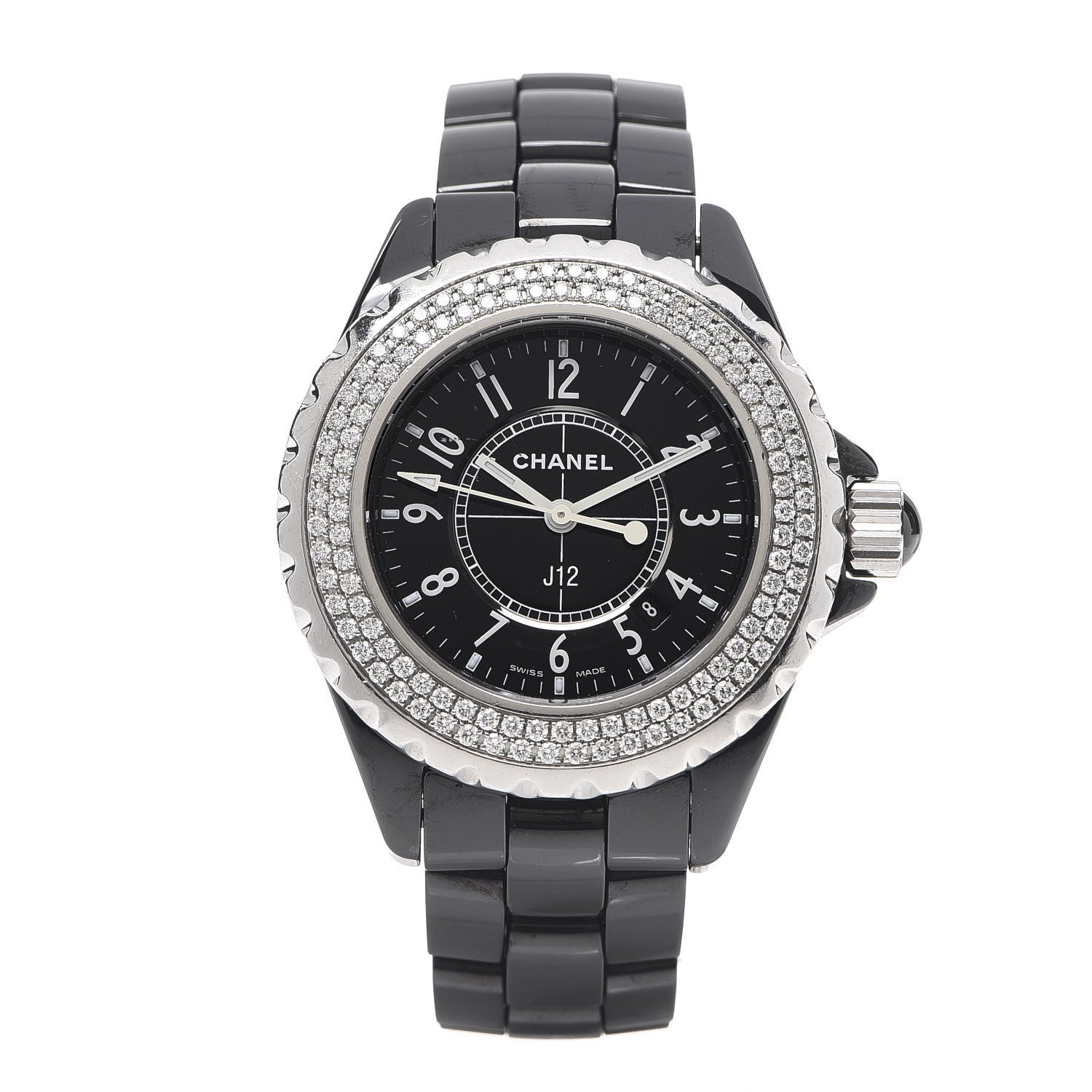Chanel Stainless Steel Ceramic Diamond Pave Bezel 33mm J12 Quartz Watch Black 1 of 5