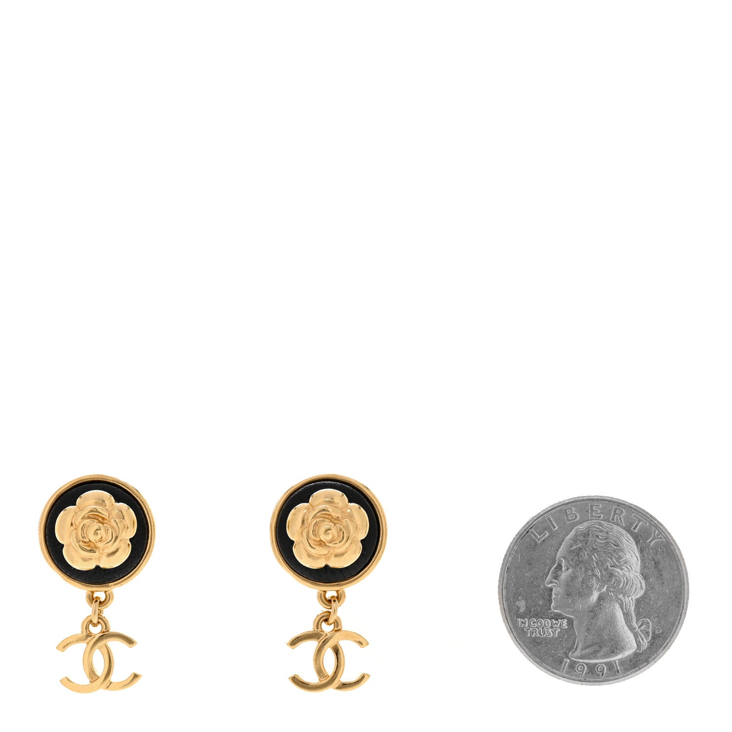 Chanel Metal Lambskin Camellia CC Drop Earrings Gold Black 2 of 4