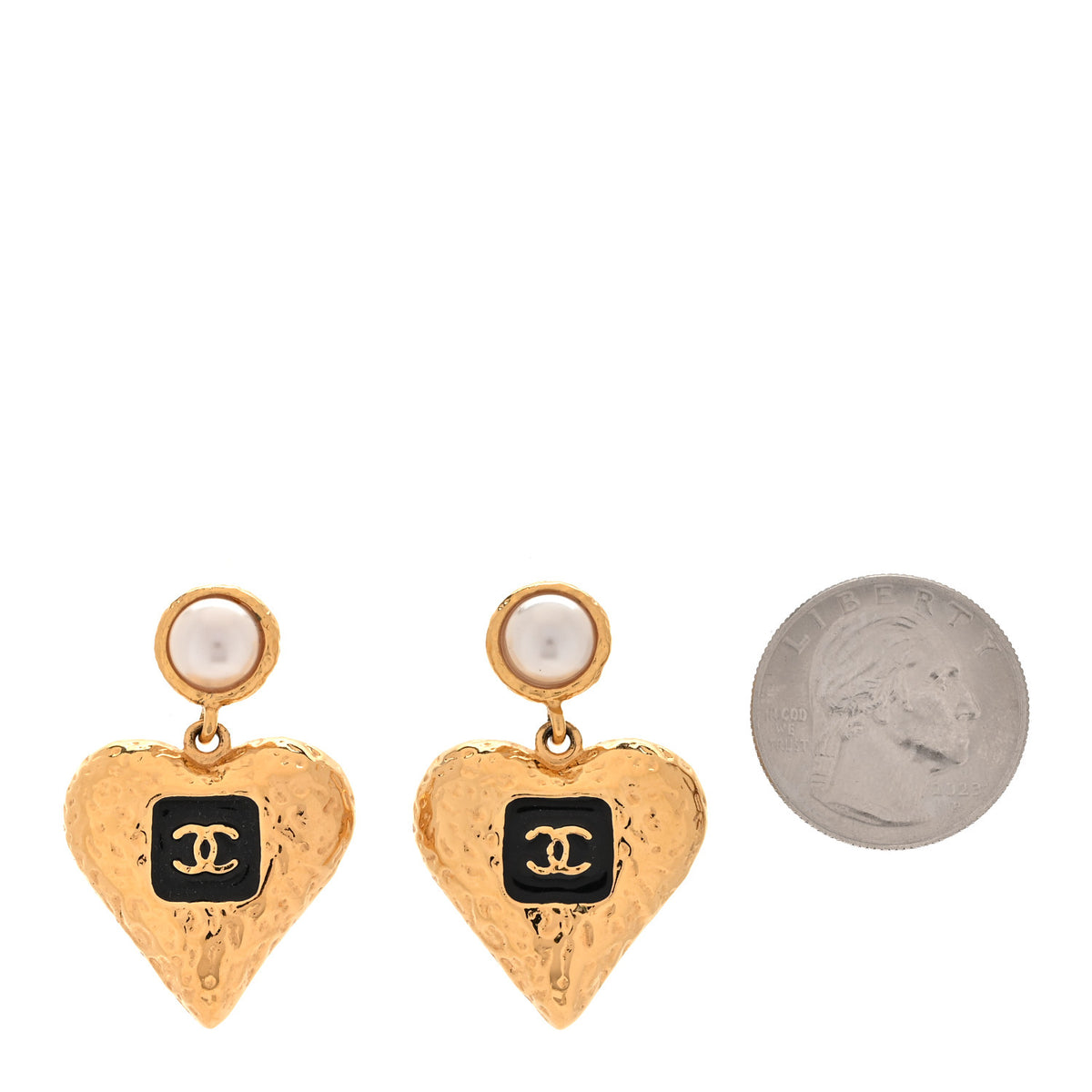 Chanel Metal Pearl Resin CC Heart Drop Earrings Gold Black 2 of 5