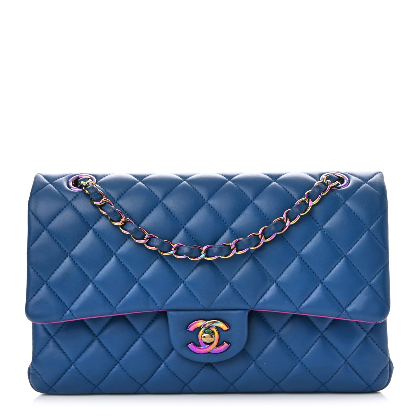 Lambskin Quilted Medium Double Flap Blue Pink