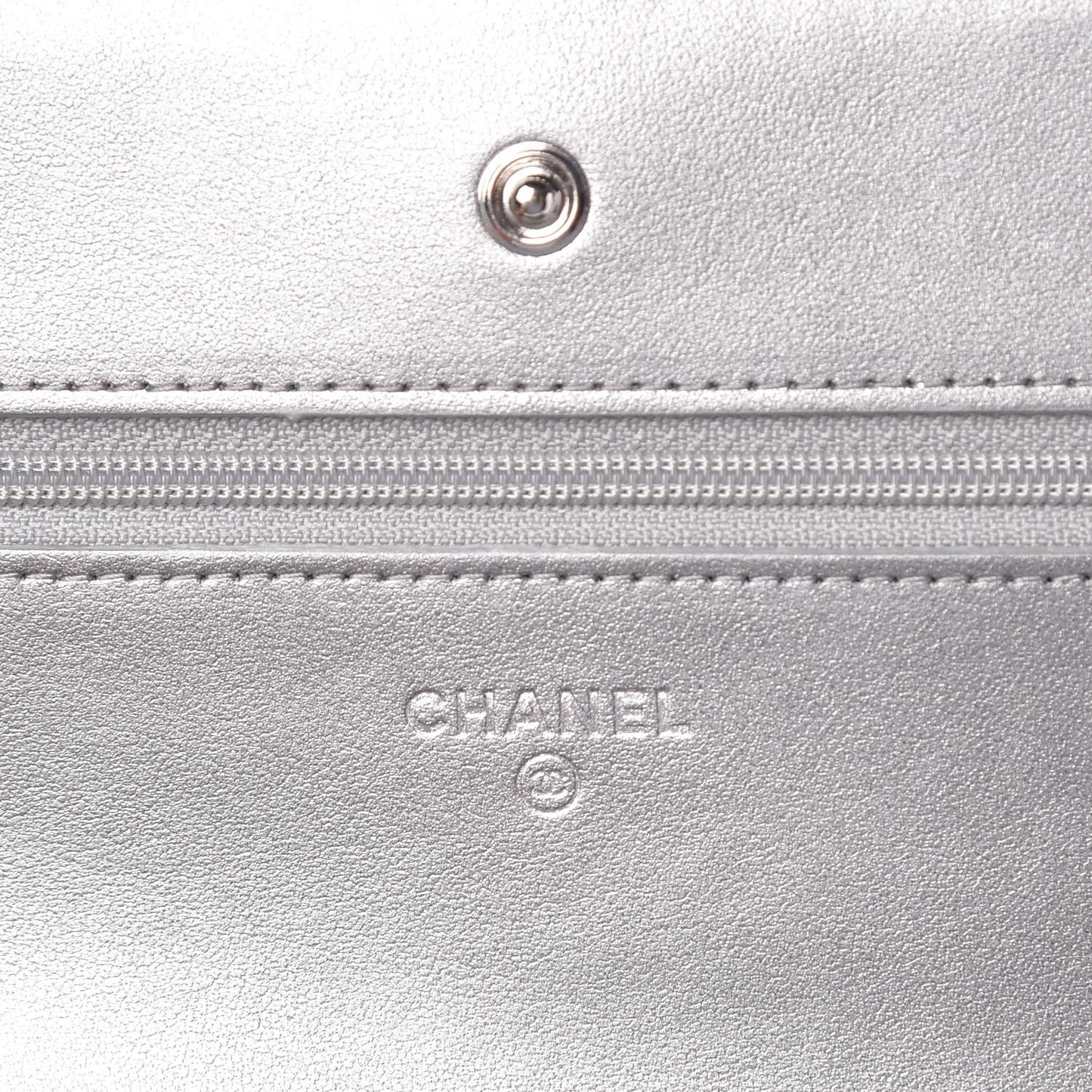 Patent Metallic Crumpled Calfskin Chevron Quilted Wallet On Chain WOC Silver
