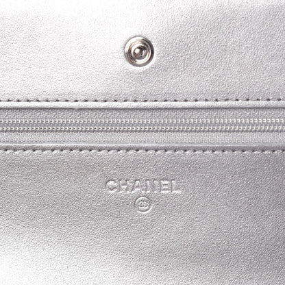 Chanel Patent Metallic Crumpled Calfskin Chevron Quilted Wallet On Chain WOC Silver 6 of 9