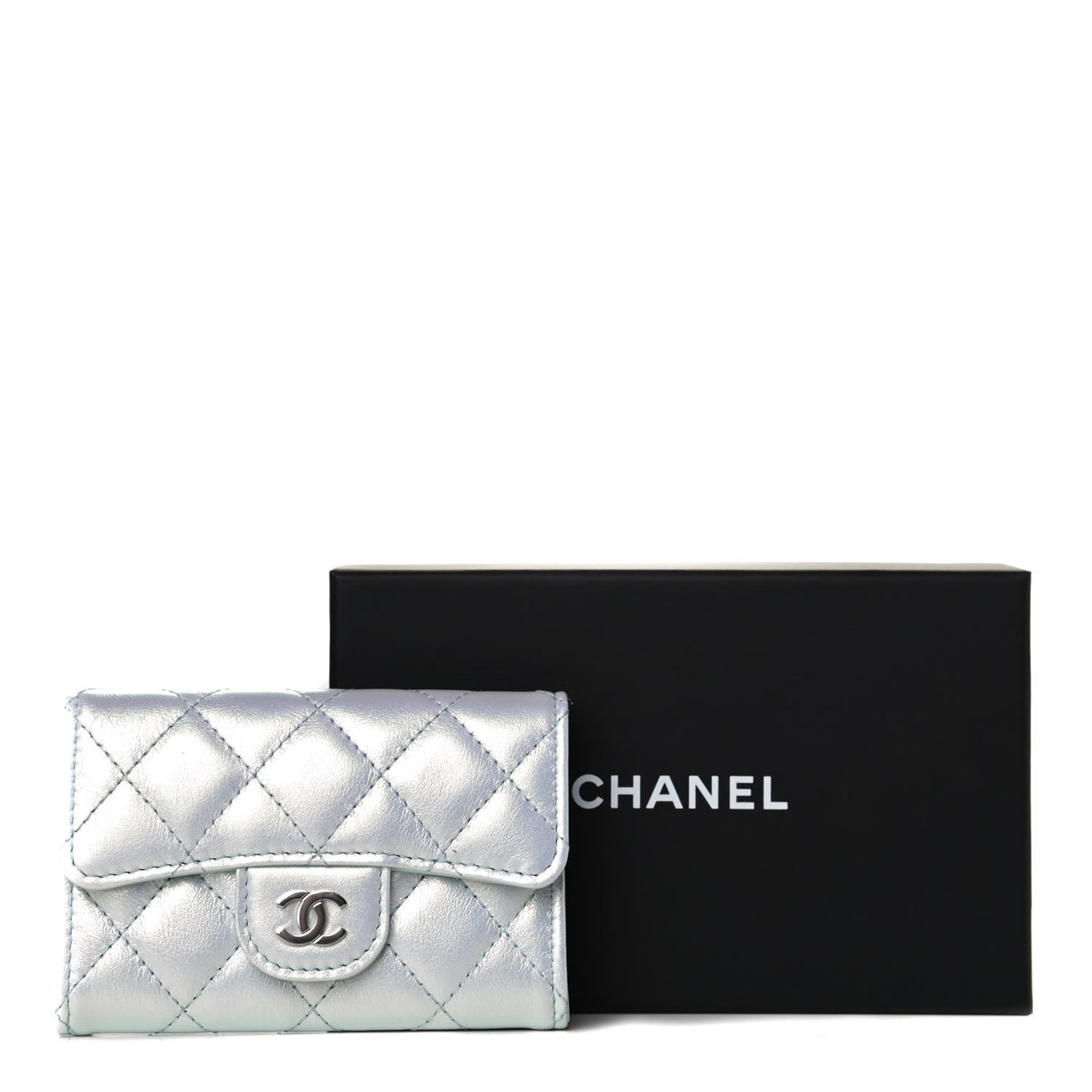 Iridescent Calfskin Quilted Flap Card Holder Light Blue