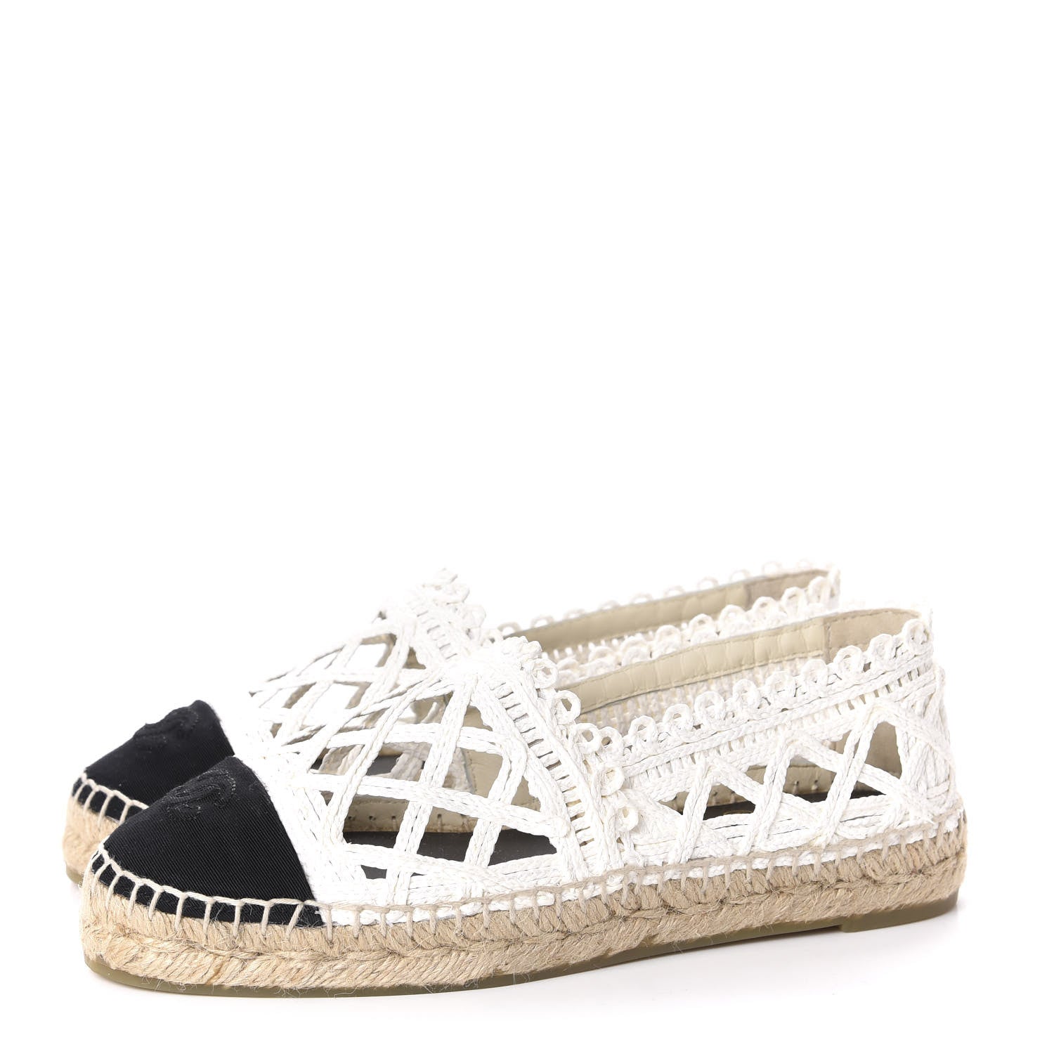 Chanel Woven Fabric Grosgrain CC Espadrilles 38 White Black 3 of 12