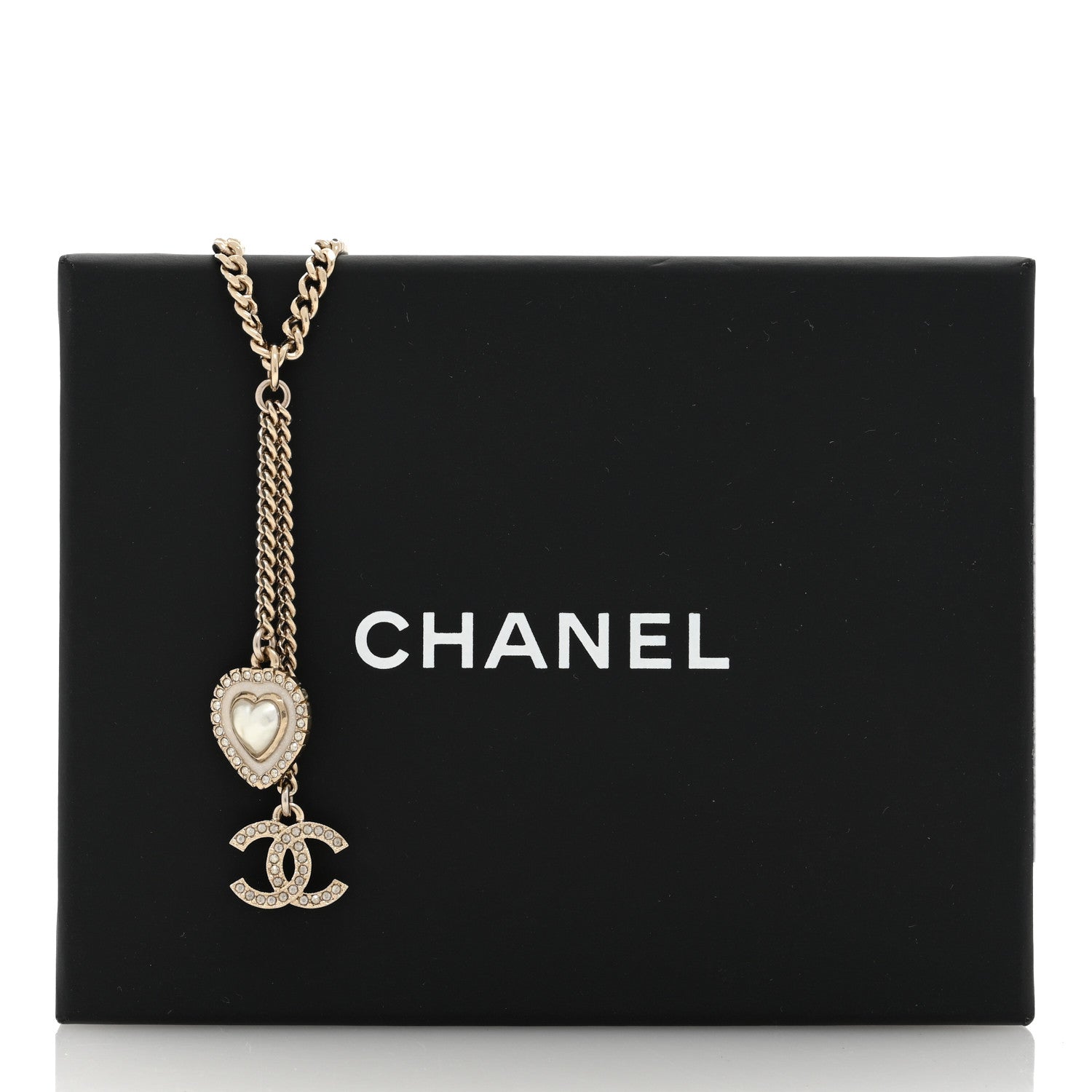 Chanel Crystal Pearl CC Heart Drop Necklace Silver White 5 of 5