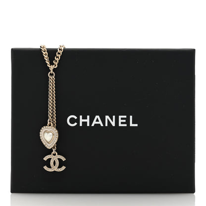 Chanel Crystal Pearl CC Heart Drop Necklace Silver White 5 of 5